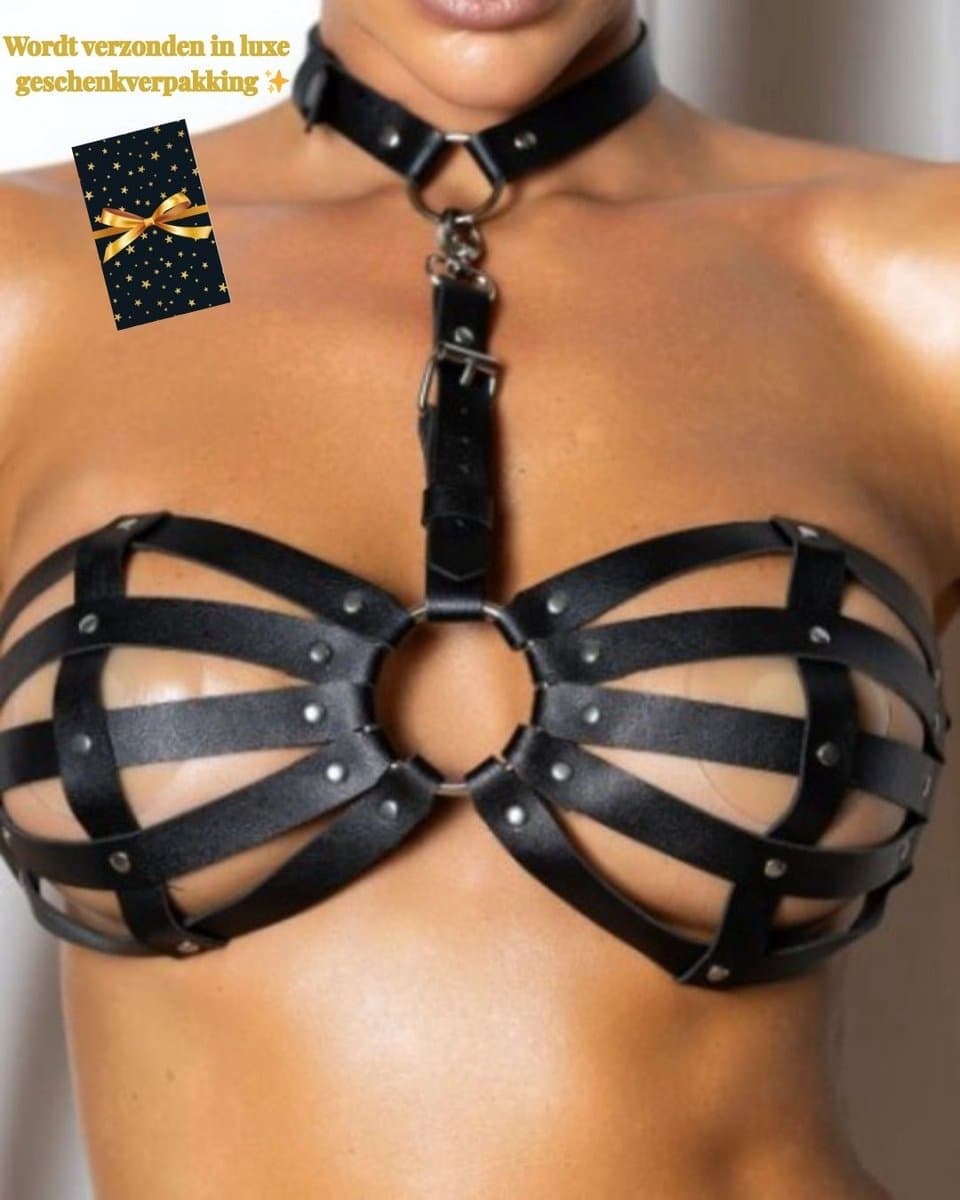 Caged Desire – Erotische Lingerie voor Dames – Lingerie Erotisch – Sexy Lingerie – Erotische BH met Halsband – Sexy PU-Leren Lingerie Harnas voor Dames – Fetish & Kinky Accessoire – BDSM & Clubwear – One Size – Dare to Undress — afbeelding 1