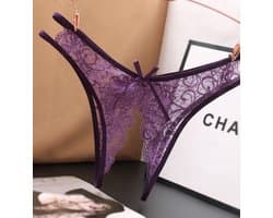 New Age Devi - Paarse String met Open Kruis - Sensueel Kantontwerp - Sexy Strik - One Size Fits All - Dames Lingerie