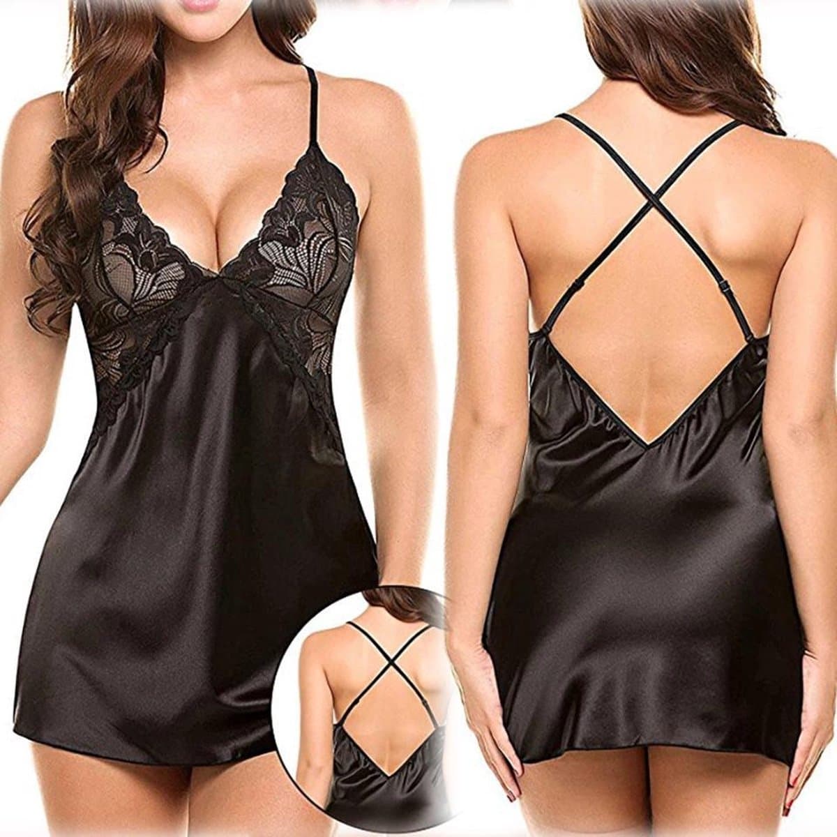 LOUZIR Satijnen nachtjurk- sexy lingerie- nachtjapon- Nachtkleding- zwart — afbeelding 1
