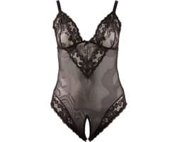 Cottelli Plus Size – Sexy Body met Open Kruis en Kanten Motieven Langs Randen voor Speciale Dates – Maat XL – Zwart