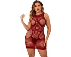 LekkerStout Plus Size Jacquard Bodycon Jurk - Bordeaux - Sexy Lingerie | M-XL | ( LS024 )