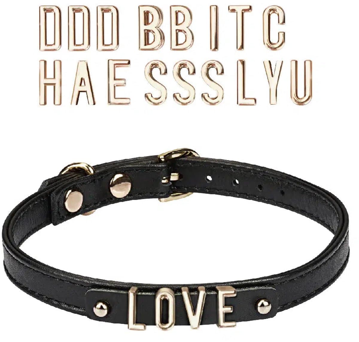 Liebe Seele - Lederen DIY Collar Met Verwisselbare Gouden Letters - Zwart — afbeelding 1
