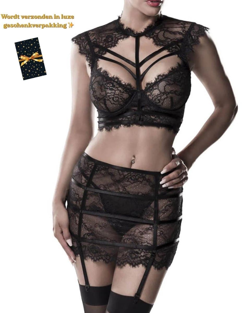 Sexy Lingerieset Dames – Lingerie Erotisch – Sexy Lingerie – 3-delige Set – Kanten Bralette & Rokje – Lingerie Set – Chique – Luxe –Boudoir Look – Kinky – Erotisch – Dare to Undress – Maat XS/S, M, L, XL, XXL — afbeelding 1