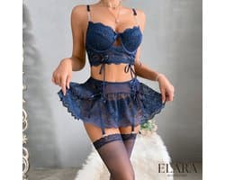 Elara - Alina - Luxe Lingerieset Dames - Lingerie Erotisch - Sexy Lingerie - 4-delige set - Blauw - Met Rokje 3837-S