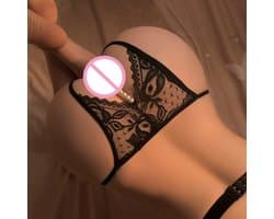 Sexy String met Open Kruis - Zwart - Erotisch Design met Kant en Parels - One Size - Dames String - Lingerie / Ondergoed