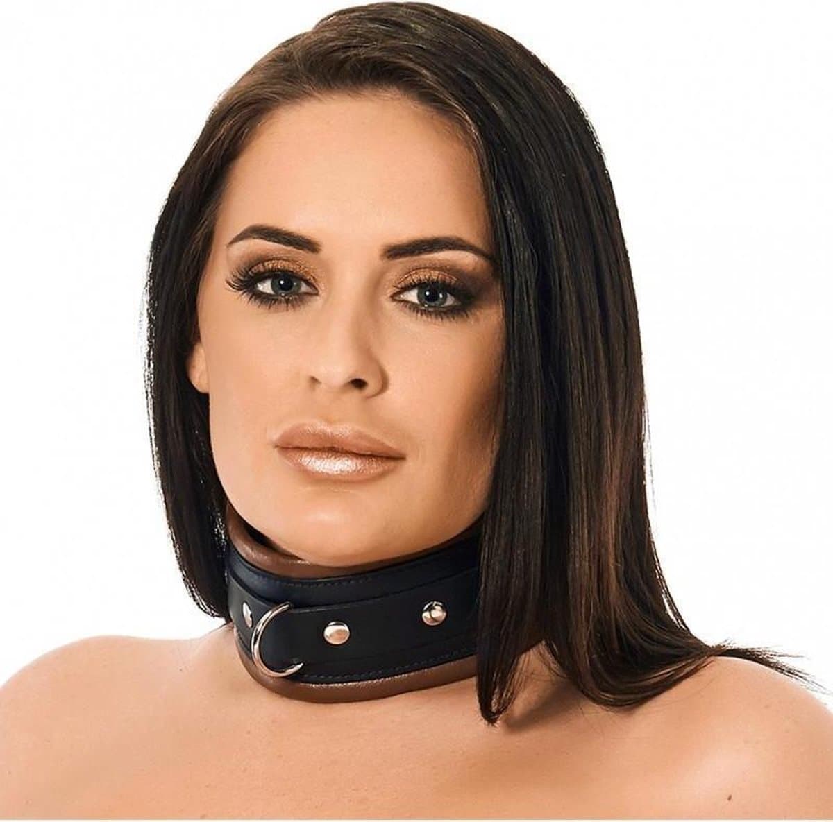 Rimba Bondage Play - Halsband - Collar - Leer Gevoerd - 7cm Breed - Zwart/Bruin — afbeelding 1
