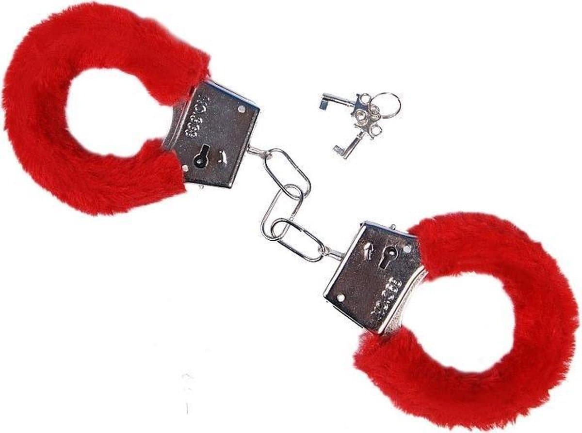 Metalen handboeien met rode imitatie bont (incl. 2 sleutels) — afbeelding 1