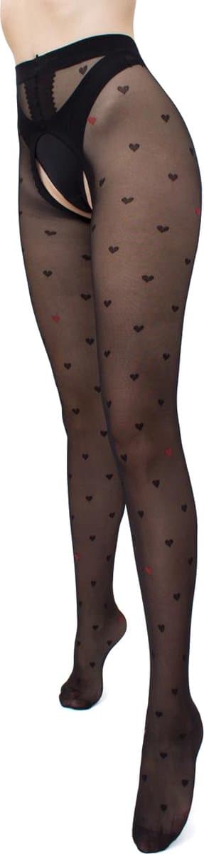 Giulia - Intimo Fashion licht glanzende 20den Panty met hartjes en open kruis - Zwart - XL — afbeelding 1