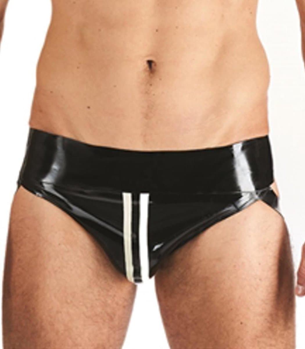 Mister B Rubber Jock Strap Zwart met witte streep - medium — afbeelding 1