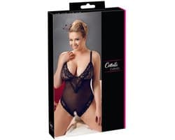 Cottelli Plus Size – Sexy Body met Open Kruis en Kanten Motieven Langs Randen voor Speciale Dates – Maat 2XL – Zwart