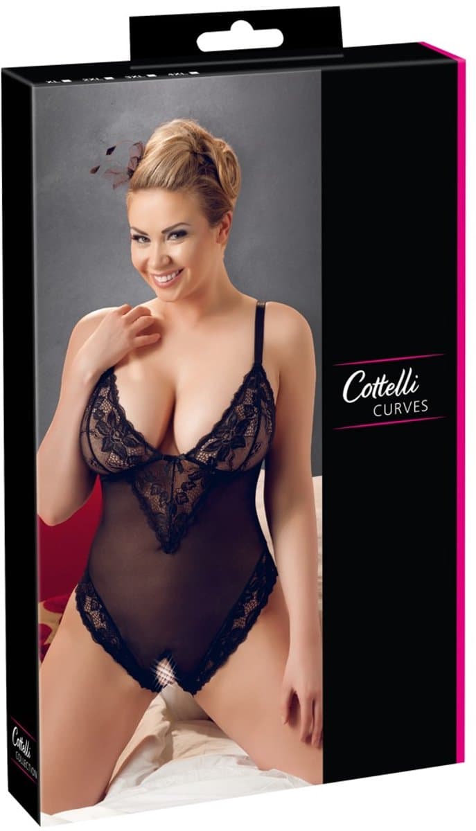 Cottelli Plus Size – Sexy Body met Open Kruis en Kanten Motieven Langs Randen voor Speciale Dates – Maat 2XL – Zwart — afbeelding 1