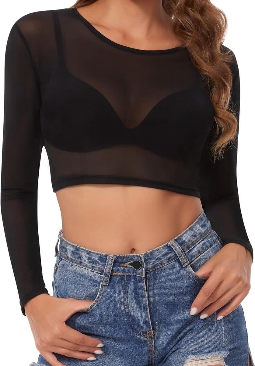 Transparante Sexy Crop Top van Mesh voor Casual en Clubwear - Tulle Blouse met Lange Mouwen in Zwart — afbeelding 1