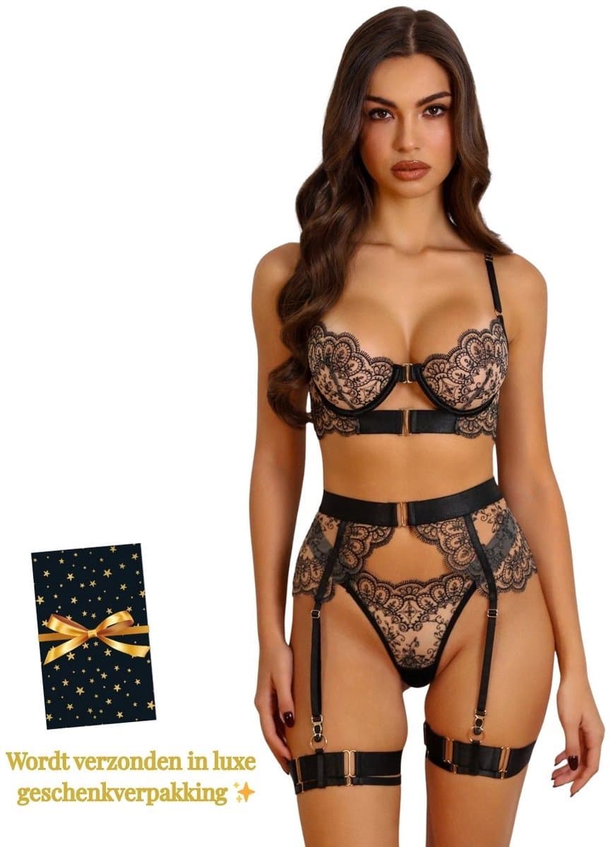 Luxe Lingerieset Dames – Lingerie Erotisch – Sexy Lingerie – 4-delige set – Zwart Kant – Lingerie Setje – Verleidelijke BH met Jarretels & Hoge Taille String – Sexy Lingerie – Chique – Luxe –Boudoir Look – Kinky – Erotisch – Maat XS/S, M, L, XL, XXL — afbeelding 1