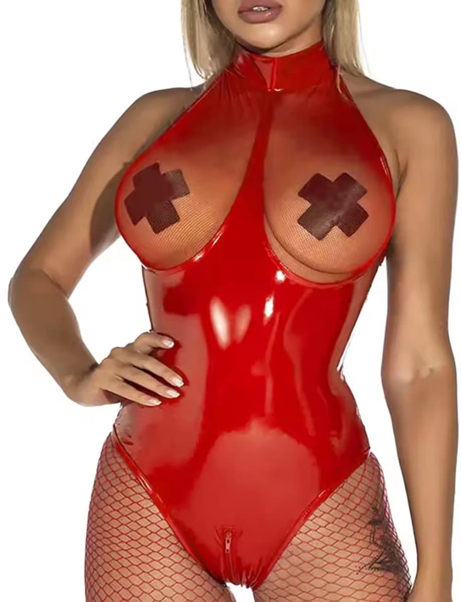 Lingerie Bodysuit - Latex look - Rits voor Open Kruis - PU leer - Dames - Rood — afbeelding 1