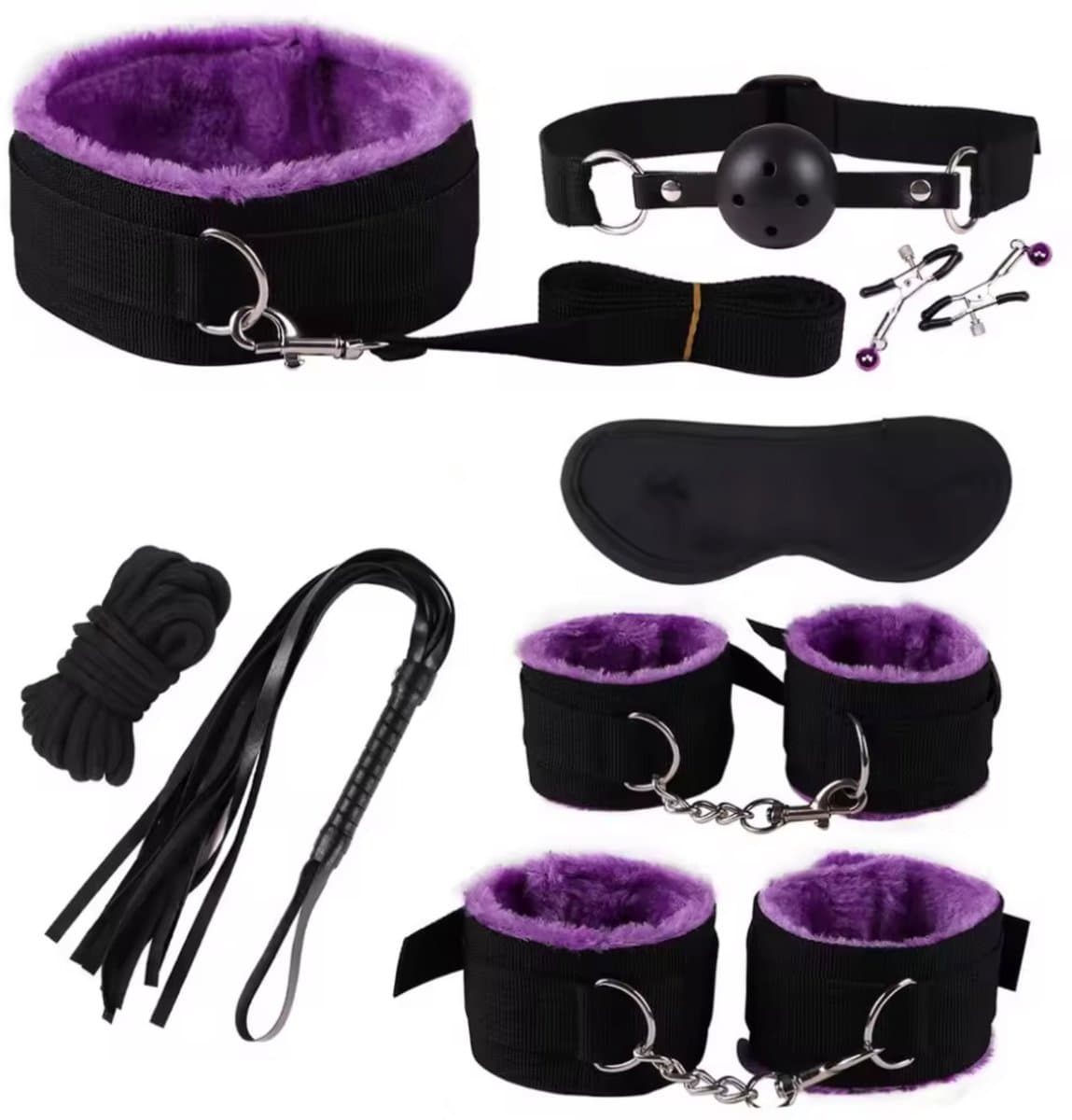 8-delige BDSM Sex Speeltjes Set - Erotische Bondage Set met Vibrator, Handboeien, Zweep, Masker en Meer - Volwassen Speelgoed voor BDSM Spelletjes en Intiem Spel - Paars — afbeelding 1