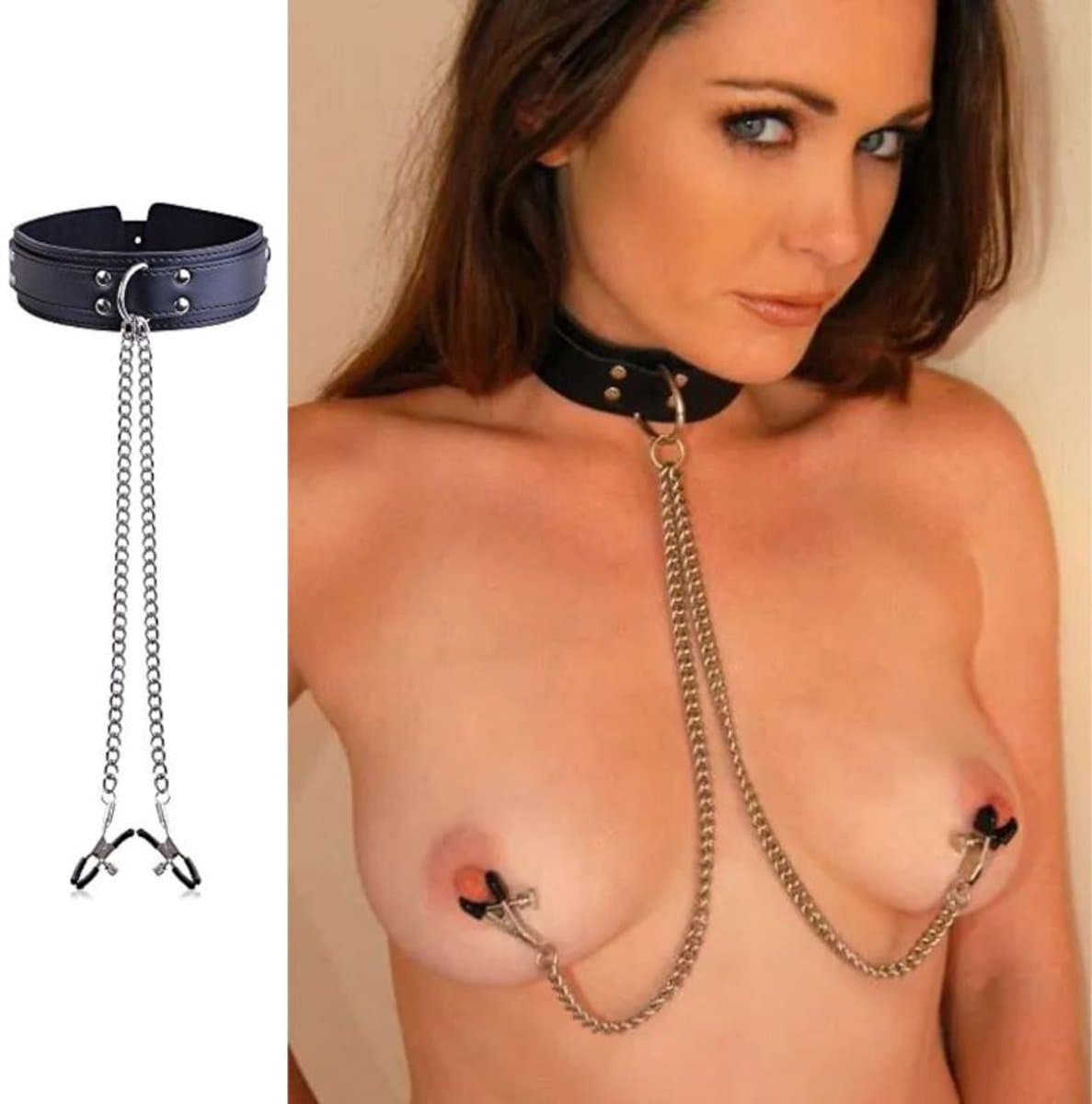Verstelbare BDSM halsband voor vrouwen – PU leer nekband met kettingen & tepelklemmen voor bondage, rollenspel, SM & kinky dominantie — afbeelding 1