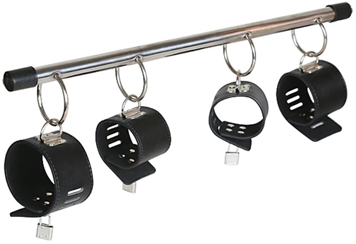 Oneay Metalen Spreidstang met Lederen Hand- en Enkelboeien - Verstelbaar Bed Fixatiesysteem voor Koppels - Seksmeubels & Accessoires - Zwart — afbeelding 1