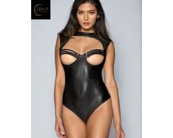Sexy Lingerie Body Dames – Luxe Lingerie – Zwart – Wetlook Lingerie met Cut-Out Detail – Lak – Latex – Erotische Lingerie – Bodysuit – Lingerieset – Kinky – Erotische Body – BDSM – Shapewear Corset – Leer – PU Top – Dare to Undress Maat S, M, L, XL