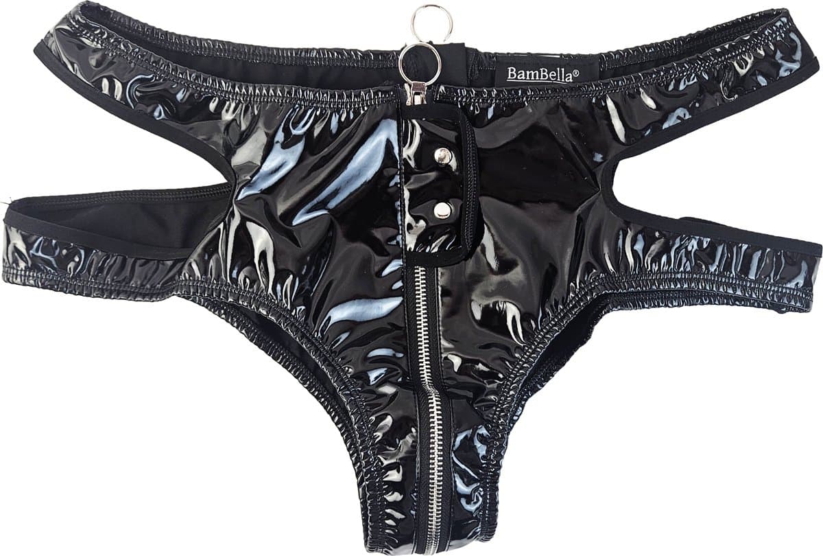 BamBella® Slip Onderbroek - Onesize - Erotische Sexy SM BDSM Lingerie Danes - Zwart ondergoed Datex mix latex en stof wetlook met rits open kruis — afbeelding 1