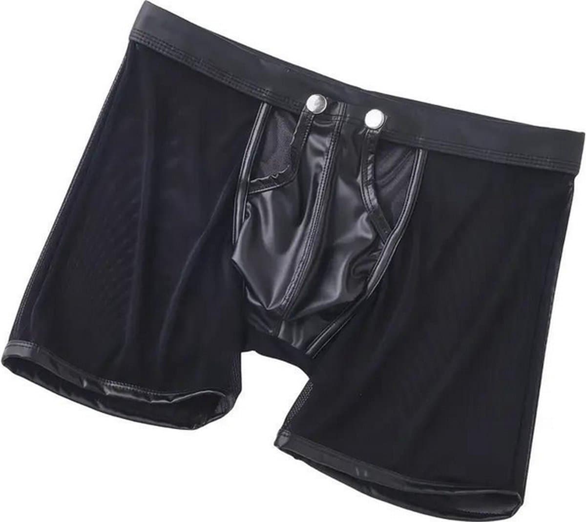 LekkerStout PU Boxershort Met lange Pijpen - Open Kruis - Zwart - Sexy Herenondergoed | M | ( LS067 ) — afbeelding 1