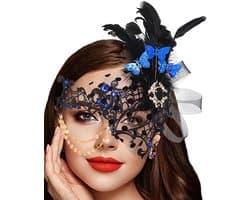 Vrouwen Venetiaans Feestmasker met Veren in Blauw voor Carnaval en Gala - Elegante Kostuumaccessoires voor Prom en Maskerade