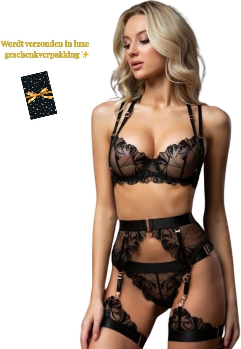 Luxe Lingerieset Dames – Sexy Lingerie – Erotische Lingerie Set – 4-delige Jarretelset – Zwart Kant – Beugel BH – High Waist Lingerie – Boudoir Set – Chique – High End – Madam Hommard – Exclusief – Cadeau Set – Dare to Undress – XS, S, M, L — afbeelding 1