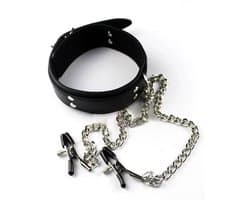 Choker met tepelklemmen - Kunstlederen halsband - Hals band - Rollenspel - Zwart - Erotiek - Sexspeeltje - Tepel klemmen - CHPN