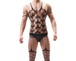 LekkerStout Heren Bodysuit - Hartjesprint - Zwart - Sexy Herenlingerie | S-L | ( LS176 )