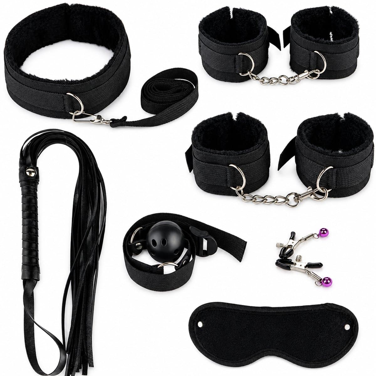TJ Essentials 7 Delige BDSM Set – Bondageset – Sekspeeltjes – Zweep – Handboeien Halsband – Blinddoek – Gag Ball – Tepelklemmen – Zwart — afbeelding 1