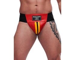 Mister B leren circuit jockstrap rood met gele bies - medium
