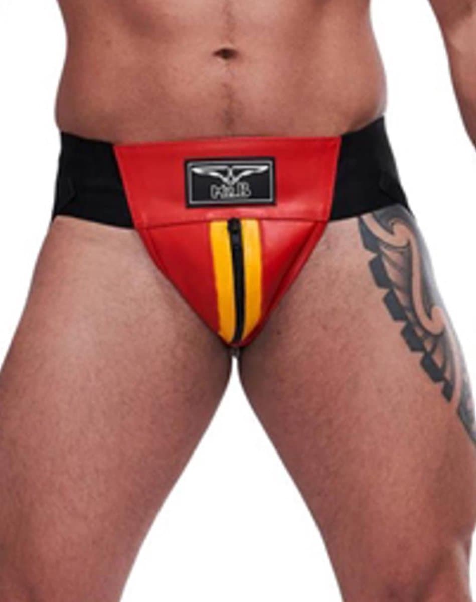 Mister B leren circuit jockstrap rood met gele bies - medium — afbeelding 1