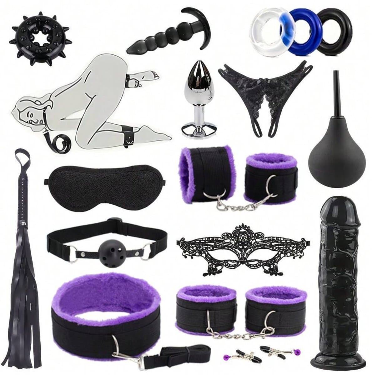 Oneay BDSM Extreme Bondage Set - 17 Delig -SM Handboeien - Dildo - Zweep / Anale plug / Tepelklemmen - Sex Toys voor Koppels - Seksspeeltjes voor mannen en vrouwen - Sex Pakket en Toys - Paars — afbeelding 1