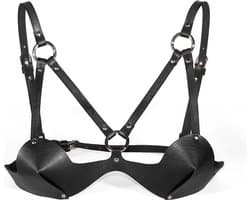 Nooitmeersaai - Harnas Vrouw - Leer - Bondage BH - Zwart - BDSM - Bondage Harnas Borsten
