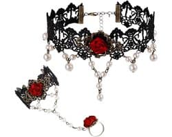 Gothic Choker Kant Halsketting met Roos Armband en Ring Set - Victoriaanse Halsketting