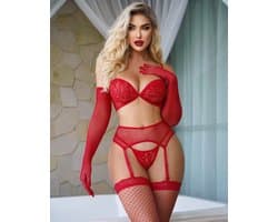 5-delige Lingerieset Rood met Kant en Net BH, Jarretelgordel, Slip Kousen en Mouwen - One Size XS-M (34-38) | LS206