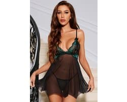 Zwarte Sexy Babydoll set met Transparante Stof en Kanten Patchwork | Sexy lingerie setje | Sexy nachtmode doorschijnend dames | Sexy kant nachtjurk | Slipdress erotiek | Neglige | Sexy pyjama dames | sexy jurkjes erotiek voor dames | Erotische kledin