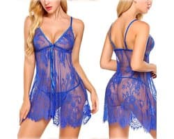 Prachtige complete Sexy NachtJurk met String, Nachtmode voor Dames, sexy Lingerie,Sexy Pyjama dames babydoll, Nachtjapon "Blauwe",maatM