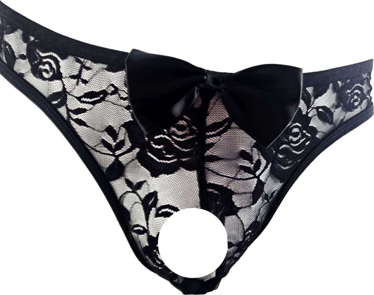 BamBella ® - Slip - maat Onesize S/M - zwart Sexy erotische heren onderbroek mannen kant stof strik — afbeelding 1
